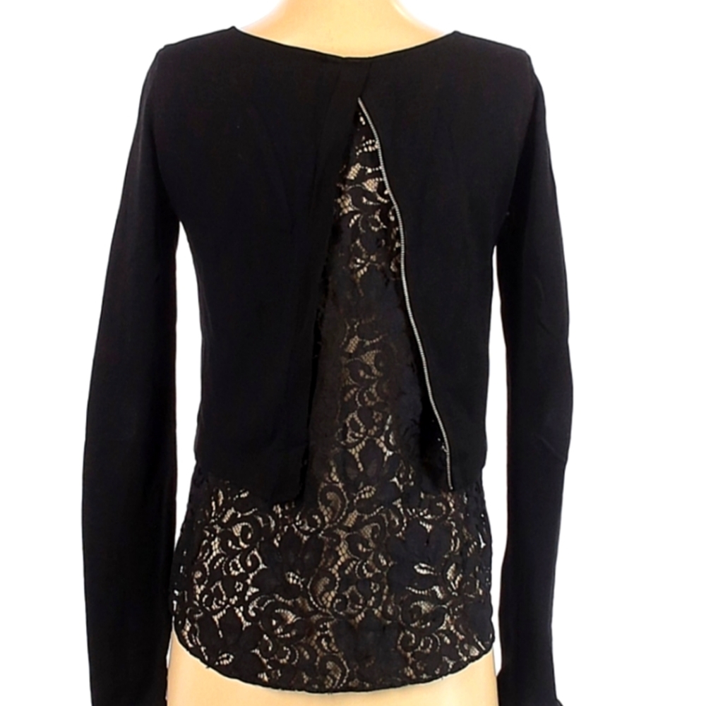 Theory designer black long sleeve crop top w/ lace & backless zippered small P